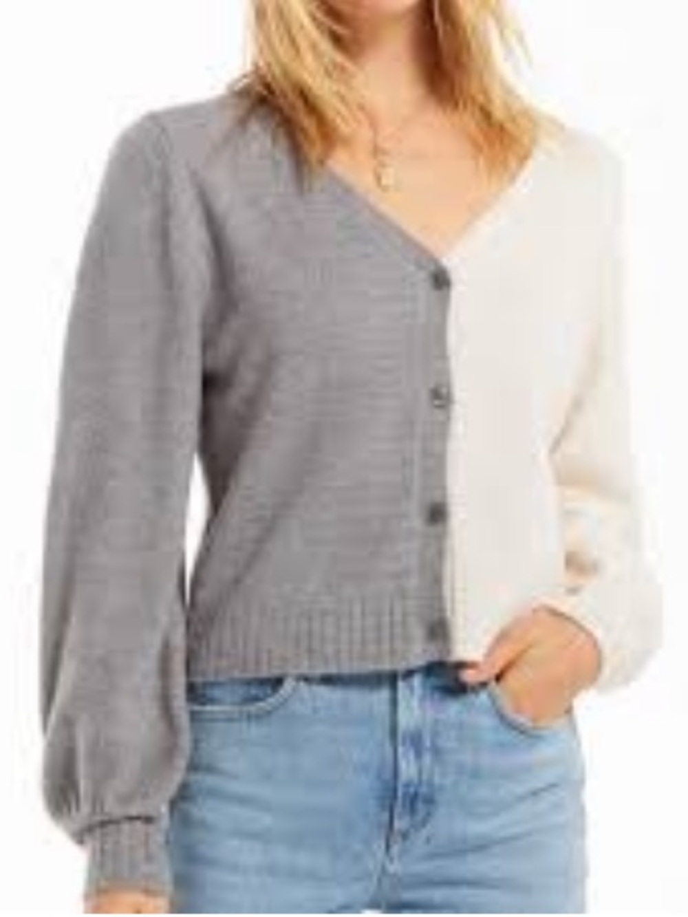 Z Supply Two-Tone V-Neck Button Cardigan in Gray & Cream